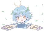  1girl antennae aqua_hair banned_artist black_dress blush butterfly_wings dress eternity_larva fairy highres leaf leaf_on_head one-hour_drawing_challenge open_mouth portrait short_hair short_sleeves simple_background smile solo tamazusa touhou white_background wings yellow_eyes 