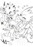  absurd_res anthro bandai_namco black_and_white blush digimon digimon_(species) eating exclamation_point flying gammamon group gumdramon hi_res korean_text monochrome scalie sitting sketch text trio veemon wings yagi_etcrkgk 