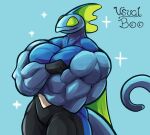  2021 anthro big_muscles black_body blue_body cape clothing crossed_arms digital_drawing_(artwork) digital_media_(artwork) eyes_closed gloves_(marking) head_crest inteleon long_tail male markings muscular muscular_anthro muscular_male nintendo pok&eacute;mon pok&eacute;mon_(species) reptile scalie shaded solo unusualboo54 video_games white_body yellow_body 