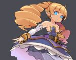  1girl archer_(disgaea) bare_shoulders belt blonde_hair blue_eyes breasts commentary detached_sleeves disgaea dress drill_hair long_hair looking_at_viewer makai_senki_disgaea_3 mota open_mouth pointy_ears simple_background solo twin_drills twintails 