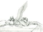  2022 accessory anklet anthro armlet baron_engel bed bracelet breasts cleavage clothed clothing cutie_mark equid equine eyebrows feathered_wings feathers female friendship_is_magic furgonomics furniture graphite_(artwork) hooves jewelry looking_at_viewer lying mammal midriff my_little_pony navel on_side pegasus pencil_(artwork) pillow ring solo somnambula_(mlp) tail_accessory tail_jewelry tail_ring traditional_media_(artwork) wings 