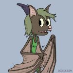  2019 4_fingers anthro bat_nose black_eyes blonde_hair blue_background brown_body brown_fur chiropteran clothing fangs female fingers fur green_robe hair hat headgear headwear ironclaw_(rpg) magic-user mammal microchiropteran pikwik_(zigmenthotep) pointy_hat signature simple_background solo traditional_media_(artwork) watermark winged_arms wings zigmenthotep 
