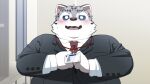  2022 anthro blush clothing felid hi_res humanoid_hands kemono male mammal necktie nikiciy overweight overweight_male pantherine shirt snow_leopard solo topwear 