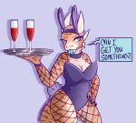  &lt;3 alcohol alluringcryptid anthro beverage breasts bunny_costume butt claws cleavage cleavage_cutout clothed clothing costume dialogue digital_media_(artwork) english_text fake_ears fake_rabbit_ears female fishnet fishnet_legwear fishnet_topwear hand_on_hip hi_res horn kobold legwear looking_at_viewer markings navel non-mammal_breasts piercing playboy_bunny reptile scales scalie scut_tail short_tail simple_background smile solo speech_bubble stockings stretch_(alluringcryptid) striped_body striped_markings striped_tail stripes tail_markings teal_eyes text tongue tongue_out tongue_piercing topwear translucent translucent_clothing tray wine 