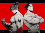  2boys arm_up back-to-back belt black_hair chiwa_(cw1021) crossed_arms dougi father_and_son gauntlets gloves heterochromia highres karate_gi kazama_jin mishima_kazuya monochrome multiple_boys muscular muscular_male red_background scar scar_on_face symbol-only_commentary tattoo tekken topless_male twitter_username 