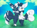  2_tails absurd_res ambiguous_gender blue_sky duo duo_focus espurr female feral grass_field group hand_holding hi_res looking_at_viewer male male/female meowstic multi_tail nintendo pok&eacute;mon pok&eacute;mon_(species) sky video_games 