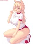  1girl animal_ear_fluff animal_ears bangs blonde_hair blush breasts buruma cat_ears cat_girl commentary covered_nipples english_commentary eyebrows_visible_through_hair full_body highres kneeling large_breasts long_hair nottytiffy open_mouth original patreon_username red_buruma red_eyes shirt short_sleeves smile solo thighs tiffy_(nottytiffy) tongue tongue_out white_background white_shirt 