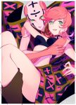  1girl 723_(tobi) :d arms_around_neck bangs black_bra border bra breasts cleavage closed_mouth green_eyes grey_background highres jojo_no_kimyou_na_bouken looking_at_viewer medium_hair open_mouth pink_hair simple_background skirt smile solo spice_girl_(stand) trish_una underwear vento_aureo white_border 