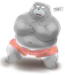  2022 anthro belly black_body black_nose blush bulge clothing kemono male mammal navel overweight overweight_male simple_background solo toshi_(artist) underwear ursid 