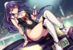  1girl bangs boots breasts crossed_legs eyebrows_behind_hair eyebrows_visible_through_hair ground_vehicle hair_between_eyes hair_ornament hair_ribbon highres leg_belt long_hair looking_at_viewer moneti_(daifuku) motor_vehicle original purple_hair race_queen red_eyes ribbon shirt sitting sleeveless sleeveless_shirt smile solo thigh_boots thighhighs white_legwear 