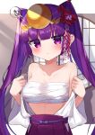  1girl bangs blunt_bangs blush bow breasts chest_sarashi closed_mouth eyebrows_visible_through_hair flower hair_flower hair_ornament headpiece highres long_hair looking_at_viewer midriff_sarashi pleated_skirt purple_eyes purple_hair puzzle_&amp;_dragons sarashi skirt twintails waon_(43ctw) window yomi_(p&amp;d) 