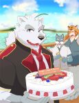  2022 anthro birthday_cake bottomwear cake canid canine canis clothing dessert domestic_dog felid food group hi_res inugamihito kemono knights_college male mammal necktie outside pantherine pants paul_(knights_college) polar_bear shirt tiger topwear ursid ursine video_games visual_novel 