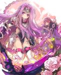  2girls black_legwear chain closed_mouth commentary_request covered_navel dress fate/grand_order fate_(series) feet_out_of_frame flower haku_(sabosoda) headpiece highres long_hair long_sleeves looking_at_viewer medusa_(fate) medusa_(lancer)_(fate) multiple_girls petals pink_hair purple_dress purple_eyes rose scathach_(fate) scathach_skadi_(fate) scythe smile thighhighs very_long_hair white_flower white_legwear white_rose wide_sleeves 