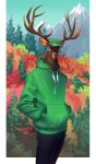  anthro antlers autumn cervid clothing eyewear forest forest_background glasses hat headgear headwear hi_res holivi horn looking_aside male mammal mountain nature nature_background plant portrait solo sweater three-quarter_portrait topwear tree 