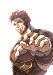  1boy armor bara bare_shoulders beard breastplate breasts cleavage cleavage_cutout clothing_cutout facial_hair fate/grand_order fate/zero fate_(series) iori0371 iskandar_(fate) large_pectorals male_focus mature_male muscular muscular_male pectorals reaching_out red_hair short_hair smile sunlight upper_body 