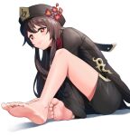  +_+ 1girl arka91 bangs barefoot black_shirt black_shorts brown_hair brown_headwear chinese_clothes closed_mouth genshin_impact highres hu_tao_(genshin_impact) long_hair long_sleeves looking_at_viewer red_eyes shirt shorts simple_background sitting soles solo toes white_background 