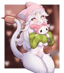  &lt;3 &lt;3_eyes 2021 :3 absurd_res animal_ears anthro beanie blur_(disambiguation) blurred_background blush border bow cat_ears_(disambiguation) cat_tail clothing domestic_cat felid feline felis female female_focus fur hair hair_between_eyes hat headgear headwear hi_res kitsuneten long_hair looking_at_viewer mammal multicolored_eyes navel nude open_mouth open_smile pink_beanie pink_bow pink_clothing pink_eyes pink_hat pink_headwear plushie pupils ringed_eyes sitting sleeves_past_wrists smile solo spiral_eyes symbol-shaped_pupils unusual_pupils white_body white_border white_fur white_hair yellow_eyes 