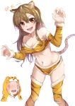  2girls absurdres animal_print anzo_(anzu_elichi0928) arms_up bangs bare_shoulders blush breasts brown_eyes brown_hair chinese_zodiac cleavage d4dj detached_sleeves eyebrows_visible_through_hair fang fur_trim hair_between_eyes highres hood inuyose_shinobu long_hair medium_breasts multicolored_hair multiple_girls navel open_mouth pink_hair sound_effects standing swimsuit tail thighhighs tiger_print two-tone_hair white_background yamate_kyouko year_of_the_tiger 