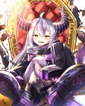  1girl absurdres ahoge black_footwear boots crossed_legs demon_girl highres hololive horns huge_horns la+_darknesss long_hair looking_at_viewer multicolored_hair open_mouth purple_hair silver_hair single_thighhigh sitting sleeves_past_fingers sleeves_past_wrists slit_pupils solo streaked_hair striped_horns thighhighs throne u_da_desu very_long_hair virtual_youtuber yellow_eyes 