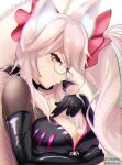  1girl absurdres animal_ear_fluff animal_ears bangs black_bodysuit blush bodysuit bow breasts center_opening choker cleavage dadachaism fate/grand_order fate_(series) fox_ears fox_girl fox_tail glasses hair_between_eyes hair_bow highres koyanskaya_(fate) large_breasts long_hair looking_at_viewer pink_bow pink_hair ponytail sidelocks smile solo tail tamamo_(fate) yellow_eyes 
