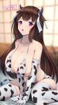  1girl :o alternate_costume animal_print azur_lane bangs bare_shoulders blush breasts brown_hair cleavage collarbone covered_nipples cow_girl cow_horns cow_print cow_tail elbow_gloves ex_saki gloves hair_ribbon highres horns huge_breasts kashino_(azur_lane) long_hair looking_at_viewer open_mouth purple_eyes ribbon sideboob sitting skindentation solo strap_gap tail thighhighs very_long_hair wariza 