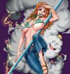  1girl absurdres blush breasts cloud denim flarefox highres jeans large_breasts lightning long_hair looking_at_viewer nami_(one_piece) one_piece pants smile thunder 