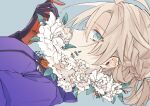  1boy albedo_(genshin_impact) blonde_hair blue_eyes blue_shirt bouquet braid covered_mouth flower genshin_impact gloves gnsoon looking_at_viewer looking_to_the_side pale_skin shirt short_ponytail 
