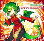  1girl absurdres black_pants blush breasts china_dress chinese_clothes dated detached_sleeves double_v draco_centauros dragon_girl dragon_horns dragon_tail dragon_wings dress eyebrows_visible_through_hair fang green_hair happy_birthday highres horns long_sleeves looking_at_viewer medium_breasts open_mouth pants pointy_ears puyopuyo red_dress s2offbeat short_hair smile solo tail v wings yellow_eyes 