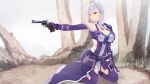  1girl aiming belt blurry blurry_background breasts cait_aron cleavage closed_mouth covered_navel depth_of_field elbow_gloves gloves grey_hair gun highres holding holding_gun holding_weapon kneeling large_breasts mole mole_under_eye pouch purple_gloves purple_legwear red_eyes revolver smile solo sword_art_online sword_art_online:_fatal_bullet thighhighs waist_cape weapon zeliska 