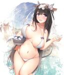  1girl animal_ears areola_slip areolae azur_lane bangs bikini black_hair breasts bucket commentary_request cow_ears dermar eyebrows_visible_through_hair flower hair_flower hair_ornament hair_ribbon highres holding holding_bucket horns kashino_(azur_lane) kashino_(hot_springs_relaxation)_(azur_lane) large_breasts long_hair looking_at_viewer navel open_mouth purple_eyes revision ribbon smile soap solo standing swimsuit teeth upper_teeth white_bikini white_ribbon 