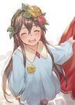 1girl bangs blush brick_floor brown_hair child closed_eyes flower granblue_fantasy hair_flower hair_ornament holding kakage long_hair looking_at_viewer looking_up open_mouth rose rosetta_(granblue_fantasy) solo standing stick 