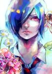  1girl absurdres adjusting_hair bangs blue_hair collared_shirt flower grey_shirt hair_over_one_eye hand_up highres kirishima_touka kyuuba_melo looking_at_viewer necktie parted_lips pink_flower portrait red_eyes red_necktie shiny shiny_hair shiny_skin shirt short_hair solo teeth tokyo_ghoul 