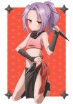  1girl anime_coloring blush dual_wielding fingerless_gloves gloves highres holding kunai kunoichi_tsubaki_no_mune_no_uchi midriff navel ninja pelvic_curtain ponytail purple_hair red_background riokasen sazanka_(kunoichi_tsubaki_no_mune_no_uchi) scarf toeless_legwear toenails toes weapon 