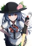  1girl blue_hair cowboy_shot floating_hair food from_above fruit hand_on_hip hat highres hinanawi_tenshi long_hair looking_at_viewer peach red_eyes simple_background smile solo sword_of_hisou totoraisu touhou v-shaped_eyebrows very_long_hair white_background 