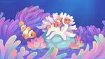  animal animal_focus artist_name closed_mouth clownfish fins fish no_humans original pikaole pink_eyes rock sea_anemone smile striped tail_fin underwater watermark 