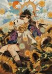  1girl bell blue_sky brown_hair brown_legwear character_request closed_mouth cloud commentary_request day flower hand_fan highres holding holding_fan long_hair long_sleeves one_eye_closed onmyoji outdoors p-suke paper_windmill sitting sky socks solo sunflower teruterubouzu yellow_eyes 