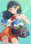  1girl bag black_hair bow bowtie buttons character_doll character_print collared_shirt commentary dawn_(pokemon) eyelashes green_background grey_eyes hair_ornament hairclip highres holding holding_phone holding_strap long_hair ntakehisa orange_skirt phone piplup pleated_skirt pokemon pokemon_(game) pokemon_dppt red_bow shirt short_sleeves skirt solo white_shirt 
