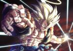  1boy absurdres blonde_hair blue_sash clenched_hand closed_mouth commentary_request dragon_ball dragon_ball_z feet_out_of_frame fighting_stance fingernails foreshortening gogeta green_eyes highres incoming_attack incoming_punch light_rays male_focus metamoran_vest mocky_art muscular muscular_male pectorals punching sash serious solo sparkle spiked_hair super_saiyan super_saiyan_1 upper_body veiny_arms 