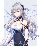  1girl bangs bare_shoulders border breasts bronya_zaychik bronya_zaychik_(silverwing:_n-ex) cleavage closed_mouth dress drill_hair earrings grey_background grey_eyes grey_hair hair_ornament highres honkai_(series) honkai_impact_3rd jewelry large_breasts long_hair looking_at_viewer raner33682 simple_background smile solo twin_drills white_border white_dress 