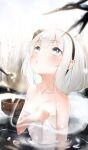  1girl :o absurdres aqua_eyes bangs bare_shoulders blush breasts bucket cleavage eyebrows_visible_through_hair hairband highres konpaku_youmu looking_up medium_hair naked_towel onsen outdoors ri-el silver_hair small_breasts solo touhou towel upper_body water 