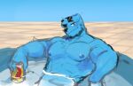  2021 anthro barazoku beverage beverage_can blu_(monica&#039;s_gang) blue_body blue_fur blue_nipples canid canine canis domestic_dog eyewear eyewear_on_head floppy_ears fur holding_beverage holding_object looking_at_viewer maceduu male mammal monica&#039;s_gang muscular muscular_anthro muscular_male nipples smile smiling_at_viewer solo sunglasses sunglasses_on_head 