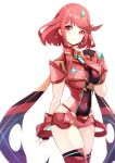  1girl bangs black_gloves breasts chest_jewel commentary_request cowboy_shot earrings eyebrows_visible_through_hair fingerless_gloves gem gloves highres jewelry large_breasts looking_at_viewer pyra_(xenoblade) red_eyes red_hair red_legwear red_shorts risumi_(taka-fallcherryblossom) short_hair short_shorts shorts smile solo swept_bangs thighhighs tiara white_background xenoblade_chronicles_(series) xenoblade_chronicles_2 