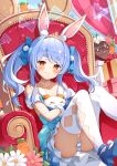  1girl animal_ear_fluff animal_ears ass bangs blue_hair blush brat foot_out_of_frame highres hololive indoors light_particles light_smile long_hair orange_eyes rabbit_ears sitting solo swept_bangs thighhighs twintails usada_pekora 