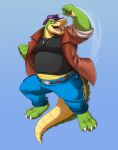  2022 absurd_res alligator alligatorid anthro blue_background bottomwear brok_(character) brok_the_investigator clothing crocodilian green_body hat headgear headwear hi_res humanoid_hands male overweight overweight_male pants reptile scalie shirt simple_background solo thebluebear27 topwear video_games 