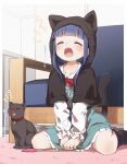  1girl :o absurdres animal animal_ears animal_hood bangs between_legs black_capelet black_cat black_legwear blue_dress blue_hair blush bow brown_footwear capelet cat cat_ears cat_hood cat_tail closed_eyes collared_shirt commentary_request couch dress eyebrows_visible_through_hair fake_animal_ears frilled_dress frills fur-trimmed_capelet fur-trimmed_hood fur_trim hand_between_legs highres hood hood_up hooded_capelet idolmaster idolmaster_cinderella_girls indoors kneehighs loafers long_hair on_floor open_mouth red_bow sajo_yukimi shirt shoes sidelocks sitting solo tail tears translation_request wariza white_shirt yawning yukie_(kusaka_shi) 