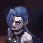  1girl arcane:_league_of_legends arcane_jinx asymmetrical_bangs bangs bare_shoulders black_choker black_shirt blue_eyes blue_hair blurry blurry_background braid breasts choker closed_mouth collarbone jinx_(league_of_legends) league_of_legends long_hair medium_breasts mi_an_(hwrv2578) red_lips shiny shiny_hair shiny_skin shirt solo twin_braids upper_body 