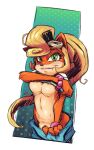  2020 activision anthro areola bandicoot black_nose blonde_hair blush bottomwear bottomwear_down bracelet breasts clothed clothing clothing_lift coco_bandicoot countershade_face countershade_torso countershading crash_bandicoot_(series) eyelashes eyewear eyewear_on_head fangs female fur goggles goggles_on_head green_eyes hair half-length_portrait jewelry lipstick long_hair looking_at_viewer makeup mammal marsupial navel orange_body orange_fur pants pants_down partially_clothed ponytail portrait shirt shirt_lift smile solo standing teasing topwear undressing video_games widehipsink 