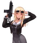  1girl bangs black_choker black_neckwear black_ribbon blonde_hair cait_aron choker collarbone dress elf eyewear_on_head grey_dress gun highres holding holding_gun holding_weapon hololive long_hair long_sleeves looking_at_viewer pinstripe_dress pinstripe_pattern pointy_ears red_eyes ribbon shiranui_flare simple_background smile solo striped striped_dress submachine_gun sunglasses vertical-striped_dress vertical_stripes virtual_youtuber weapon white_background 