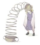  1girl arms_at_sides black_eyes blonde_hair dress expressionless full_body hat highres long_hair moriya_suwako one_eye_covered peroponesosu. purple_dress pyonta simple_background sleeves_past_fingers sleeves_past_wrists slinky solo spring_(object) standing touhou white_background wide_sleeves 
