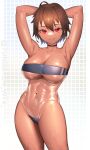  1girl armpits arms_behind_head arms_up artist_name bangs breasts brown_hair cameltoe casual_one-piece_swimsuit choker collarbone contrapposto cowboy_shot dark-skinned_female dark_skin grid_background gris_swimsuit groin highleg highleg_swimsuit highres large_breasts looking_at_viewer meme_attire navel one-piece_swimsuit original red_eyes see-through_swimsuit shiny shiny_skin shiny_swimsuit short_hair simple_background smile solo standing strapless strapless_swimsuit swimsuit tungsten_(kwfr4544) twitter_username underboob wet 
